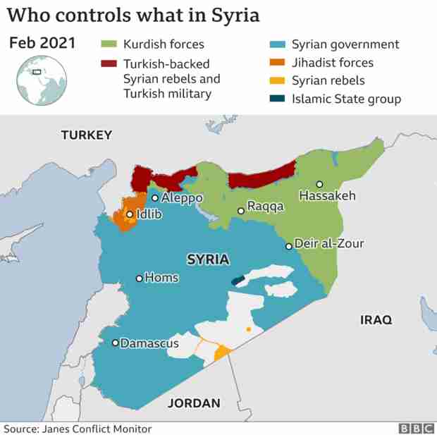 Map of Syria showing areas of control, as of February 2021 (BBC)