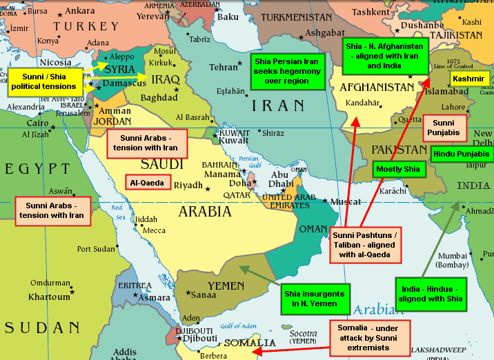 Mideast: Red=mostly Sunni, Green=mostly Shia, Yellow=conflict