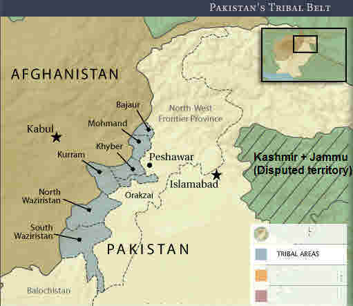 Pakistan's  Federally Administered Tribal Areas (FATA) form a safe haven for Taliban and al-Qaeda terrorists striking Afghanistan. <font face=Arial size=-2>(Source: cfr.org)</font>