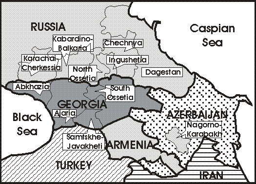 The Caucasus Mountains run from the Black Sea to the Caspian Sea