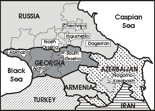 The Caucasus Mountains run from the Black Sea to the Caspian Sea