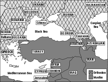  Eastern Europe / Western Asia, showing major Orthodox/Muslim fault line regions: Balkans, Crimea, and Caucasus (mountains).  Not shown: Muslim Bosnia, east of Serbia in Balkans.