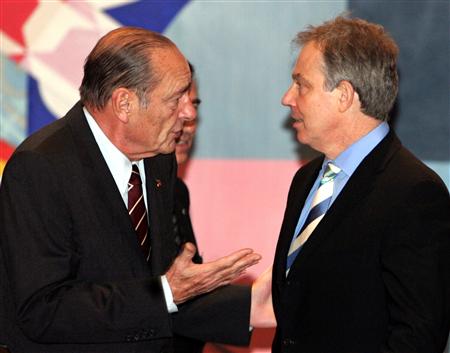 Tony Blair and Jacques Chirac meet at the EU summit in Brussels. <font size=-2>(Source: Reuters)</font>