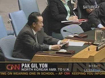 North Korean ambassador Pak Gil Yon reading a very bitter response to Security Council sanctions. <font size=-2>(Source: CNN)</font>