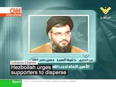 Hizbollah chief Sheik Sayyed Hassan Nasrallah on Lebanese television Thursday, telling his supporters to stop fighting and go home. <font face=Arial size=-2>(Source: CNN)</font>