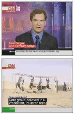 Top: CNN terrorism expert Peter Bergen.  Bottom: File footage of al-Qaeda training camp. <font face=Arial size=-2>(Source: CNN)</font>