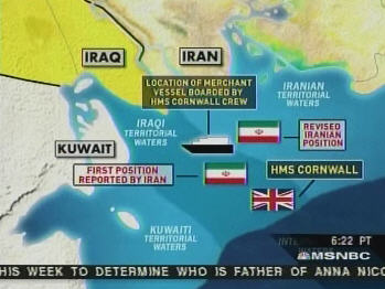 Map showing conflicting claims of UK and Iran. <font size=-2>(Added 2-Apr)</font> <font size=-2>(Source: MSNBC)</font>