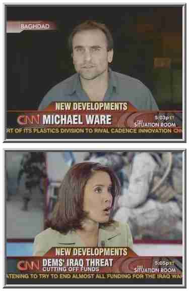 Unshaven Michael Ware is interviewed by lovely anchor Suzanne Malveaux <font size=-2>(Source: CNN)</font>