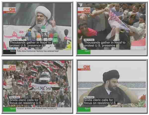 Fiery speakers roused huge Shi'ite mobs to scream "No to America," and burn American flags in Najaf on Monday. Moqtada al-Sadr (shown lower right) was nowhere to be seen. <font size=-2>(Source: CNN)</font>