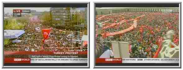 More than 200,000 secularist Turks on Saturday protested the possible candidacy of Recep Tayip Erdogan from the Islamist AKP party. <font size=-2>(Source: BBC)</font>