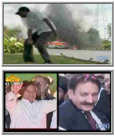 Top: Riots in Karachi on Saturday. Bottom: President Pervez Musharraf and Chief Justice of Pakistan (CJP) Iftikhar Muhammad Chaudhry <font size=-2>(Source: CNN)</font>