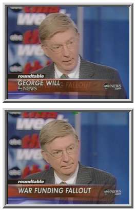 George Will, speaking angrily about the Democrats' statements, and stopping abruptly at the bottom frame. <font size=-2>(Source: ABC)</font>