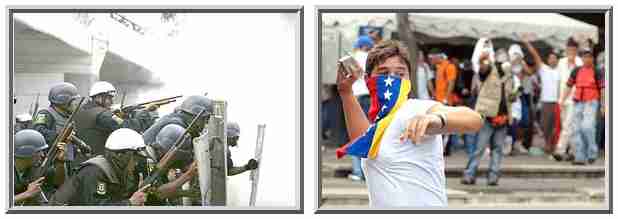 At left, policemen fire tear gas and rubber bullets at students. At right, a student demonstrator, face draped in a Venezuelan flag, throws a rock at the police. <font size=-2>(Source: Der Spiegel)</font>