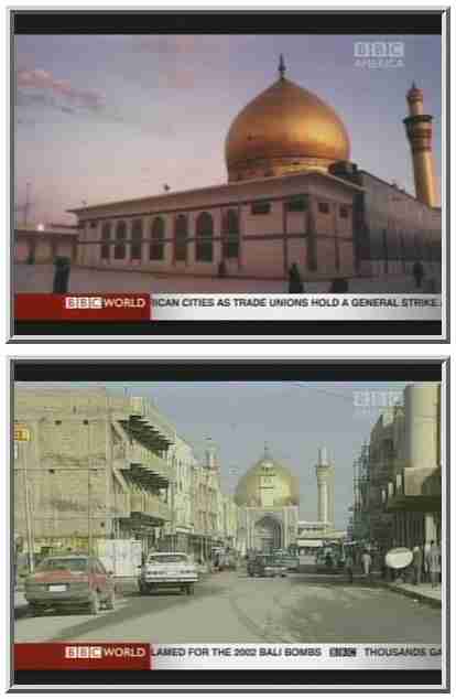 The al-Askariya shrine prior to February, 2006.  You can see the golden dome and the two golden minarets. <font size=-2>(Source: BBC)</font>