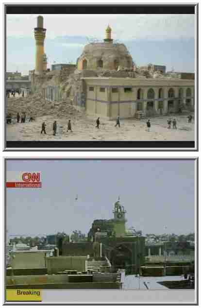 Top: The shrine after the February 2006 bombing.  You can see one of the two golden minarets on the left.  Bottom: The shrine today. The two minarets are now completely destroyed. <font size=-2>(Source: BBC and CNN)</font>