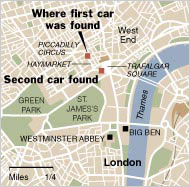 London locations of the car bombs <font face=Arial size=-2>(Source: NY Times)</font>