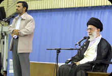 Islamic Revolution leader Ayatollah Khamenei and President Mahmoud Ahmadinejad on television on Saturday. <font face=Arial size=-2>(Source: presstv.ir)</font>