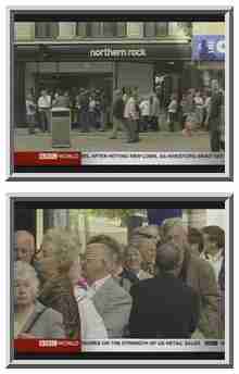 Depositors queuing up in front of a Northern Rock branch.  Notice that almost everyone in line appears to be elderly. <font face=Arial size=-2>(Source: BBC)</font>