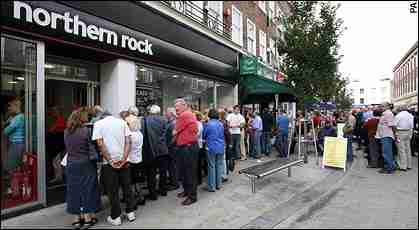 Northern Rock customers face long, slow queues to withdraw their deposits in 76 branch offices around Britain. <font face=Arial size=-2>(Source: Guardian)</font>