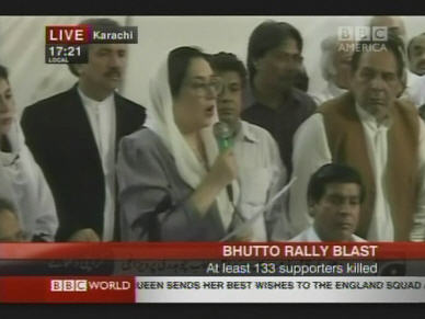 Benazir Bhutto, at a press conference on Friday afternoon. <font face=Arial size=-2>(Source: BBC)</font>