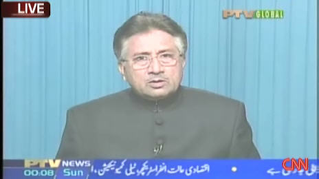 Pakistan President Pervez Musharraf, speaking to the nation and the world on Saturday <font face=Arial size=-2>(Source: CNN)</font>