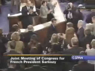 Sarkozy shakes hands after his speech ends <font face=Arial size=-2>(Source: C-SPAN)</font>