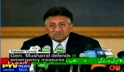 Tense and somber Pakistan President Pervez Musharraf at press conference on Sunday <font face=Arial size=-2>(Source: CNN)</font>