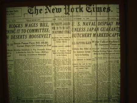 The NY Times of December 18, 1937, photographed in the Nanjing Massacre Memorial in Nanjing, China, with news of the Nanjing massacre as the lead page one story. <font face=Arial size=-2>(Source: Xinhua)</font>