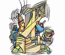 Cartoon depiction of the "subprime virus" destroying a bank by removing its supporting pillars. <font face=Arial size=-2>(Source: livemint.com)</font>