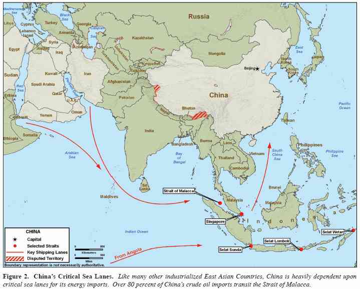 Map showing China's dependence on vital sea lanes <font face=Arial size=-2>(Source: Pentagon)</font>