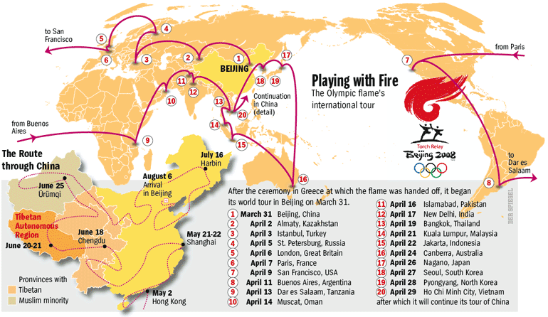 Map of the Olympic torch route <font face=Arial size=-2>(Source: Der Spiegel)</font>