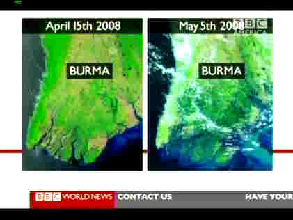 Burma - Satellite photo before (April 15) and after (May 5) Cyclone Nargis <font face=Arial size=-2>(Source: BBC)</font>