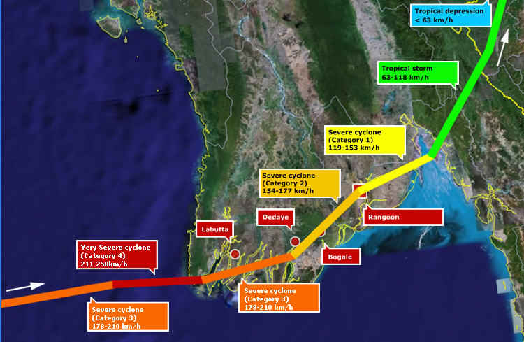 Burma - path of cyclone Nargis.  Incredibly, its path was the full length of the most vulnerable regions of the country. <font face=Arial size=-2>(Source: Der Spiegel)</font>