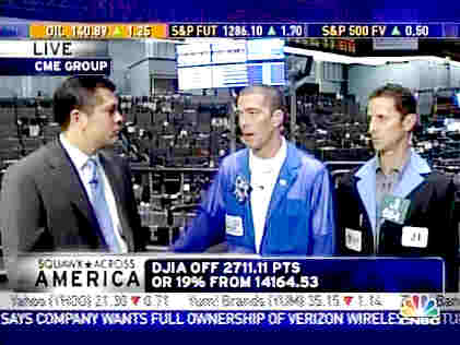 CNBC's Carl Quintanilla (left) interviews stock traders Ben Lichtenstein (middle), Tradersaudio.com, and Jim Iuorio, TJM Institutional Services <font face=Arial size=-2>(Source: CNBC)</font>