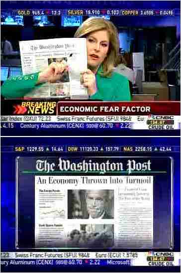 CNBC's Sue Herrera points to the word "Turmoil" in the Washington Post headline <font face=Arial size=-2>(Source: CNBC)</font>