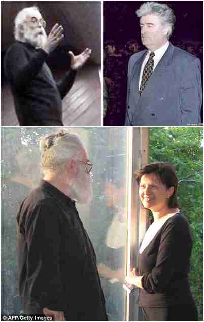 Top left: "Dr. Dragan Dabic". Top right: Radovan Karadzic, mid-1990s. Bottom: Karadzic with his girlfriend Mila. <font face=Arial size=-2>(Source: FT/Daily Mail)</font>