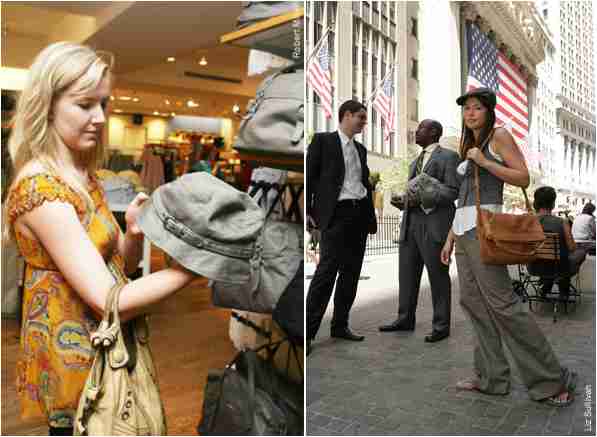 Lower east sider Renee Finn (left) eyes up a '30s-style hat at a Midtown Gap, while model Megan (right) looks ready to peddle some newspapers in the Financial District. <font face=Arial size=-2>(Source: NY Post)</font>