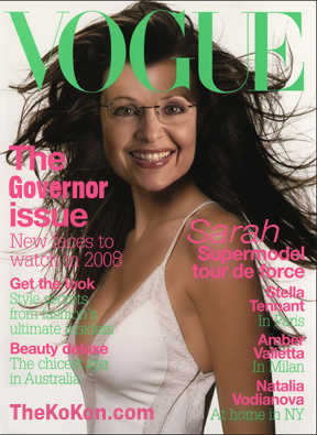 Sarah Palin in photoshopped <i>Vogue</i> magazine cover <font face=Arial size=-2>(Source: Kodiak Konfidential blog)</font>