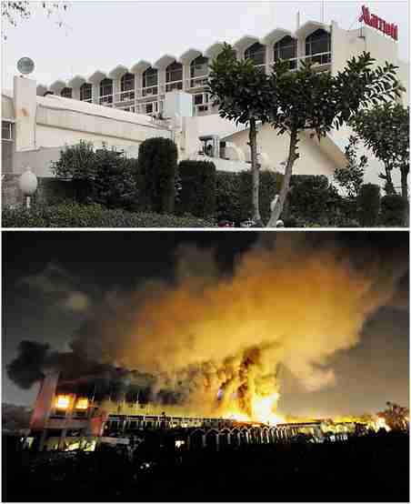 Islamabad Marriott Hotel, before and after the terrorist bomb blast. <font face=Arial size=-2>(Source: nytimes.com)</font>