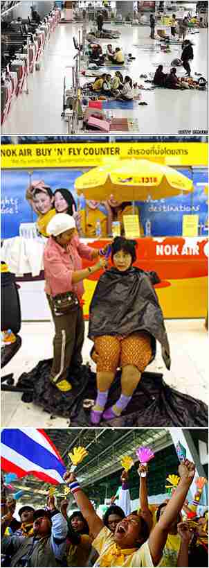 Top: PAD members camping out in the airport.  Middle: Protester getting a haircut at the airport. Bottom: Ebullient protesters cheering at the court verdict <font face=Arial size=-2>(Source: BBC, The Age, Al Jazeera)</font>