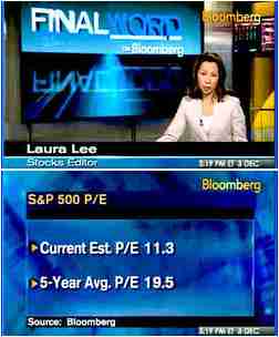 Top: Laura Lee, Bloomberg reporter; bottom: slide displaying values for price/earnings ratio <font face=Arial size=-2>(Source: Bloomberg)</font>