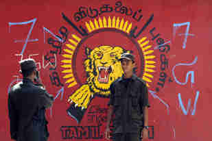 A Sri Lankan soldier poses in front of a defaced LTTE emblem in the captured district of Mullaittivu <font face=Arial size=-2>(Source: AFP/Al-Jazeera)</font>