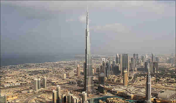 The Burj Dubai hotel, the tallest skyscraper in the world, dominates the Dubai skyline.