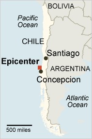 Epicenter of Chile's earthquake <font size=-2>(Source: NY Times)</font>