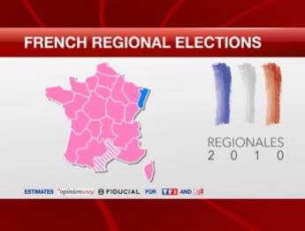 French regional elections -- Sarkozy's party lost in all in provinces except in Alsace, shown in blue in France's northeast. <font size=-2>(Source: france24.com)</font>