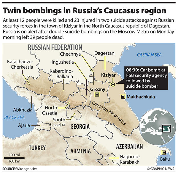 Map: Bombings in Dagestan <font face=Arial size=-2>(Source: CS Monitor)</font>