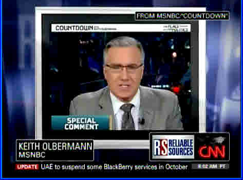 MSNBC's Keith Olbermann appearing in a video clip on CNN's Reliable Sources <font size=-2>(Source: CNN)</font>