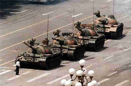 Student blocks row of tanks -- 'tank man' -- in China's Awakening climax in Tiananmen 1989 Square