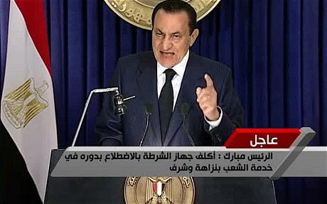 Hosni Mubarak giving speech on Tuesday (Telegraph)