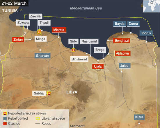 Libya military action, March 21-22 (BBC)